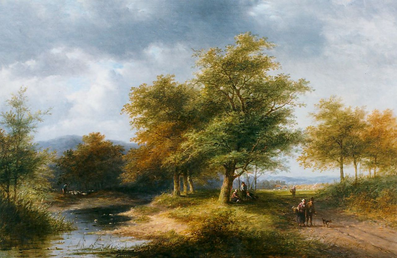 Morel II J.E.  | Jan Evert Morel II, Lommerrijke omgeving met wandelaars, olieverf op doek 43,8 x 67,3 cm, gesigneerd rechtsonder