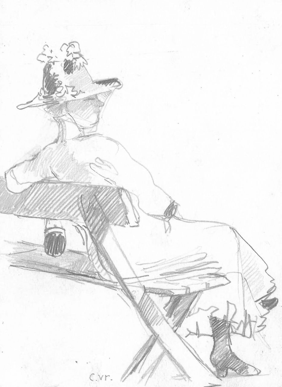 Vreedenburgh C.  | Cornelis Vreedenburgh | Aquarellen en tekeningen te koop aangeboden | Jonge vrouw op een bankje in het park, potlood op papier 15,9 x 12,0 cm, gesigneerd links van het midden. met initialen
