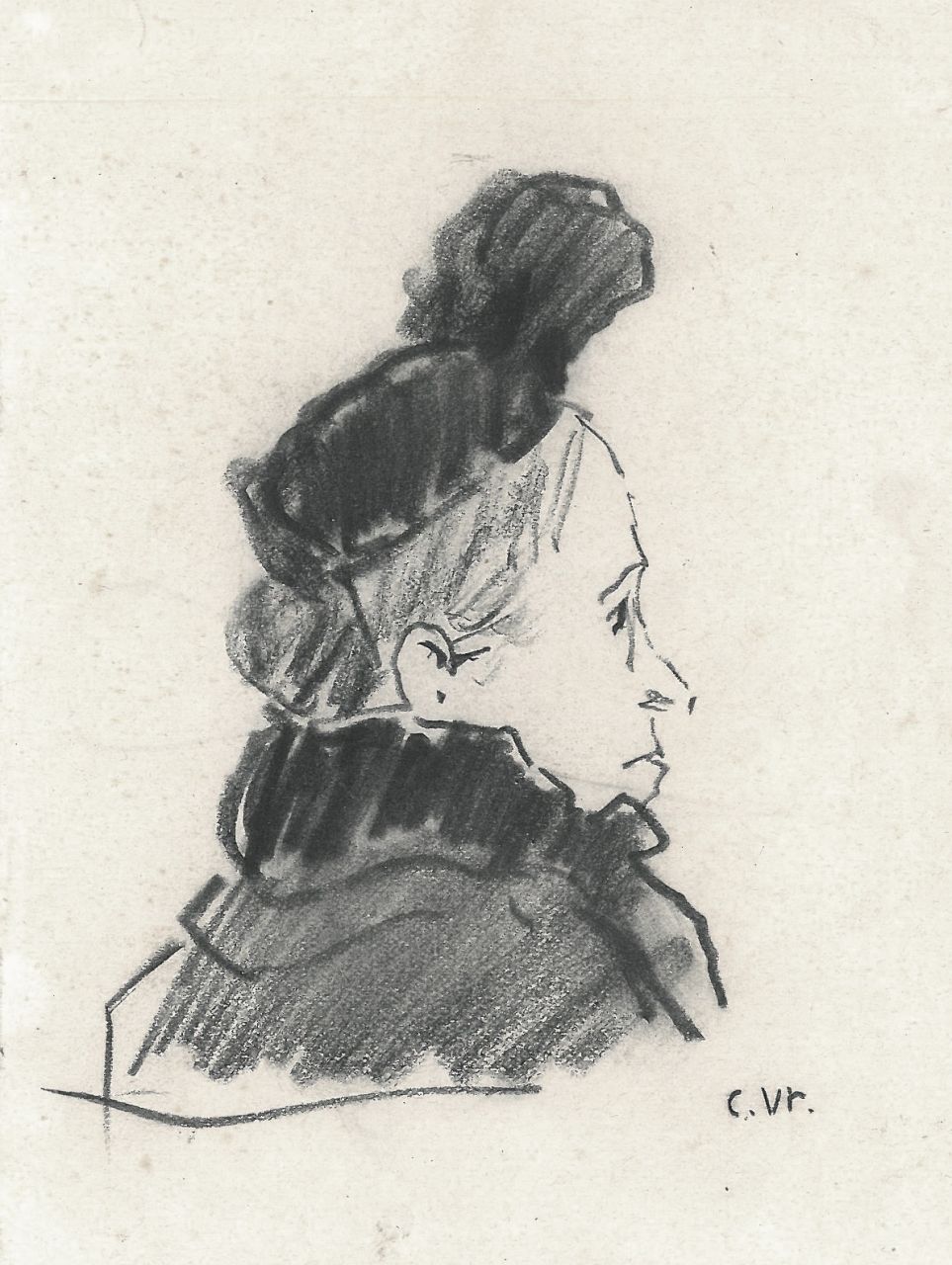 Vreedenburgh C.  | Cornelis Vreedenburgh | Aquarellen en tekeningen te koop aangeboden | Studie van een vrouw met modieus hoedje, zwart krijt op papier 10,3 x 9,3 cm, gesigneerd rechtsonder met initialen