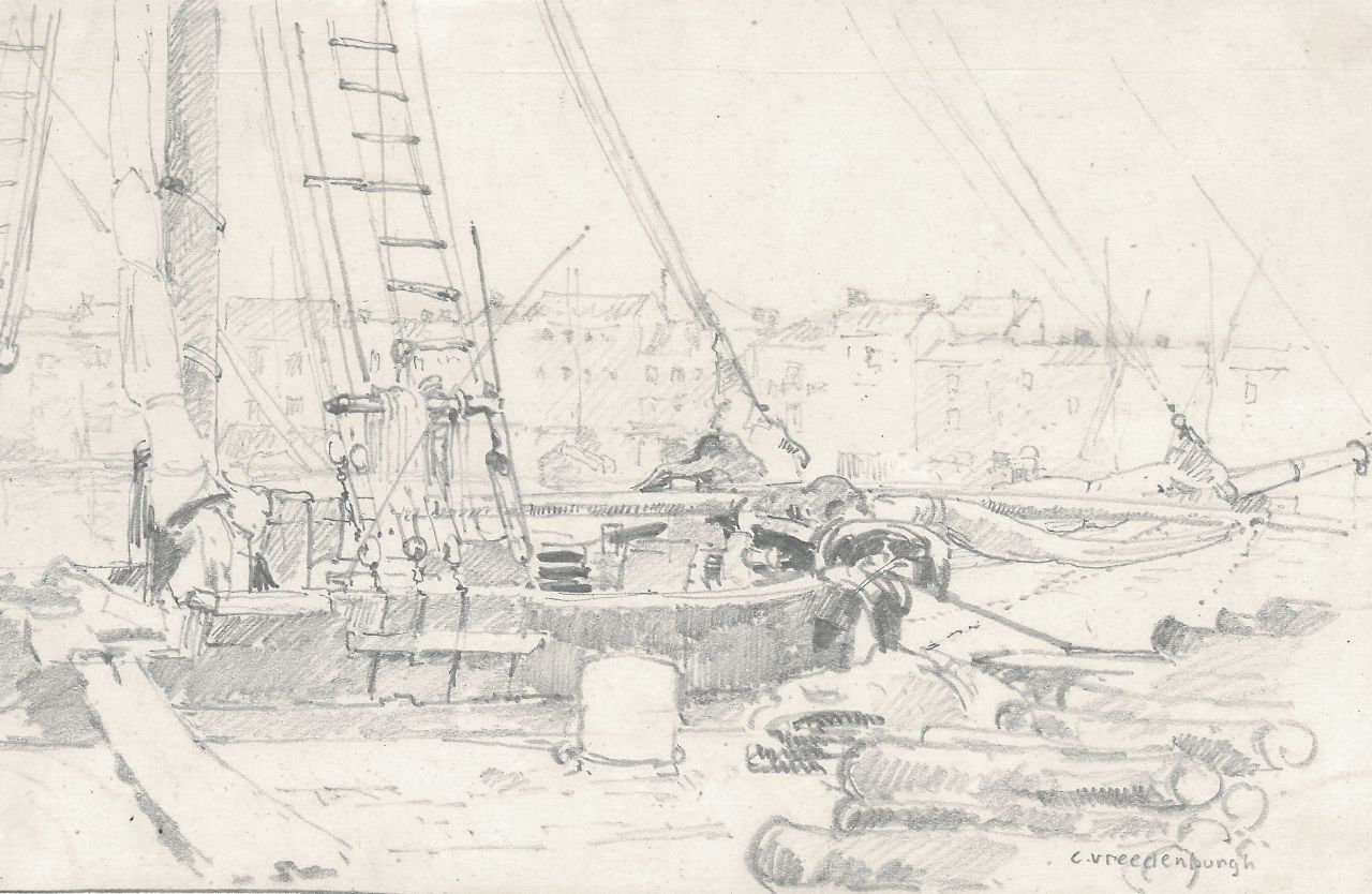 Vreedenburgh C.  | Cornelis Vreedenburgh, Vrachtschip aan de kade, potlood op papier 12,7 x 19,9 cm, gesigneerd rechtsonder