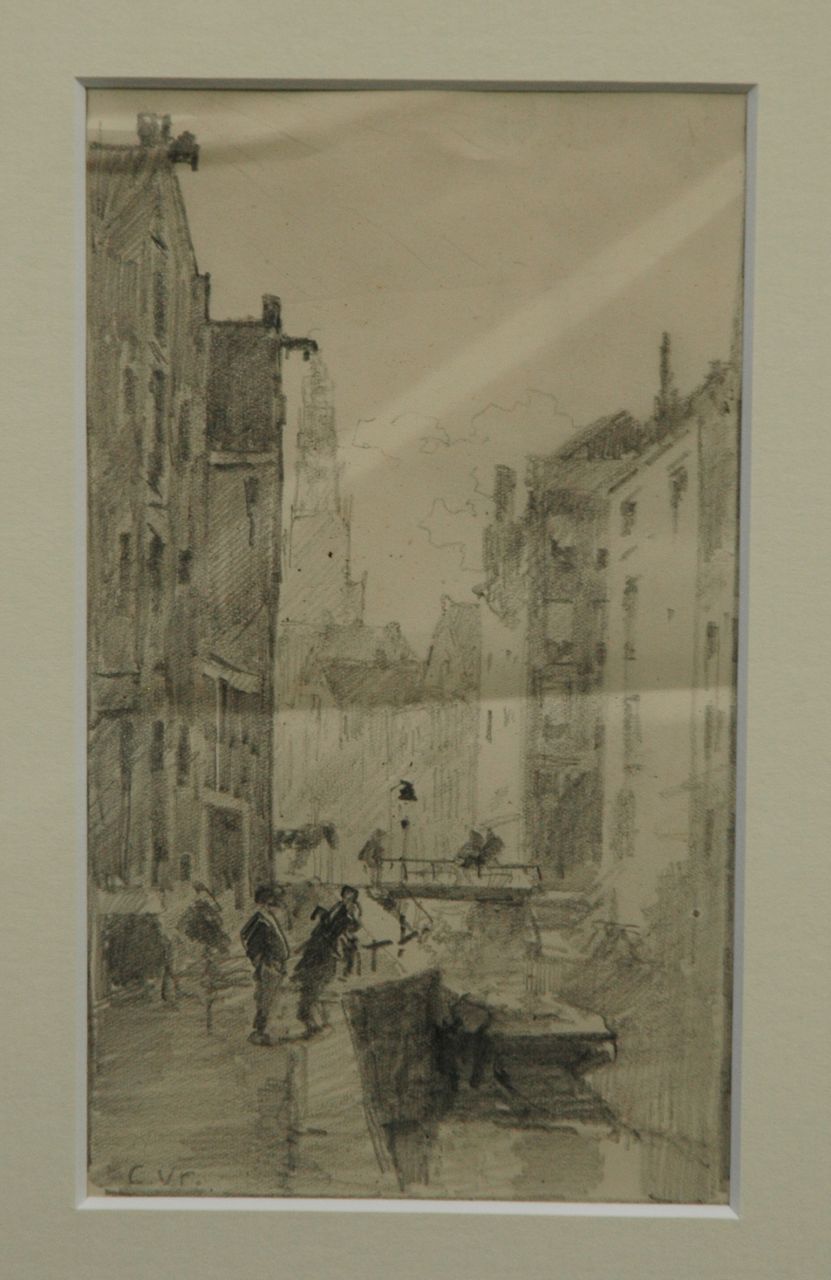 Vreedenburgh C.  | Cornelis Vreedenburgh, De Oudezijds Kolk met de Oude Kerk in Amsterdam, potlood op papier 20,5 x 12,0 cm, gesigneerd linksonder met initialen