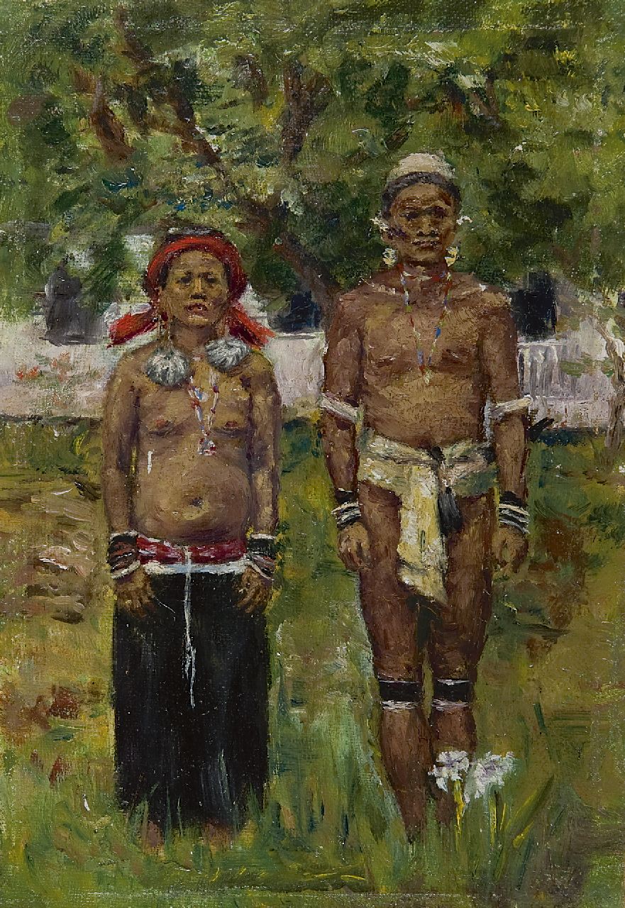 Hollandse School, begin 20e eeuw   | Hollandse School, begin 20e eeuw | Schilderijen te koop aangeboden | Dajaks, Borneo, olieverf op doek op karton 22,6 x 15,5 cm