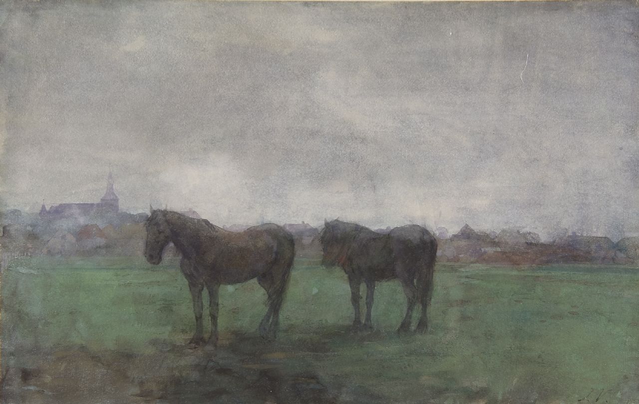 Voerman sr. J.  | Jan Voerman sr., Twee paarden in de wei, voor Hattem, aquarel op papier 29,6 x 46,8 cm, gesigneerd rechtsonder met initialen