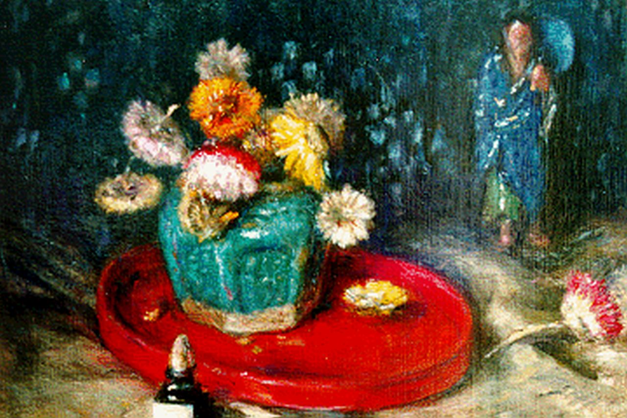 Erkelens P.C.  | Paulus Casper Erkelens, Droogbloemen in een gemberpotje, olieverf op paneel 24,2 x 34,2 cm, gesigneerd rechtsonder
