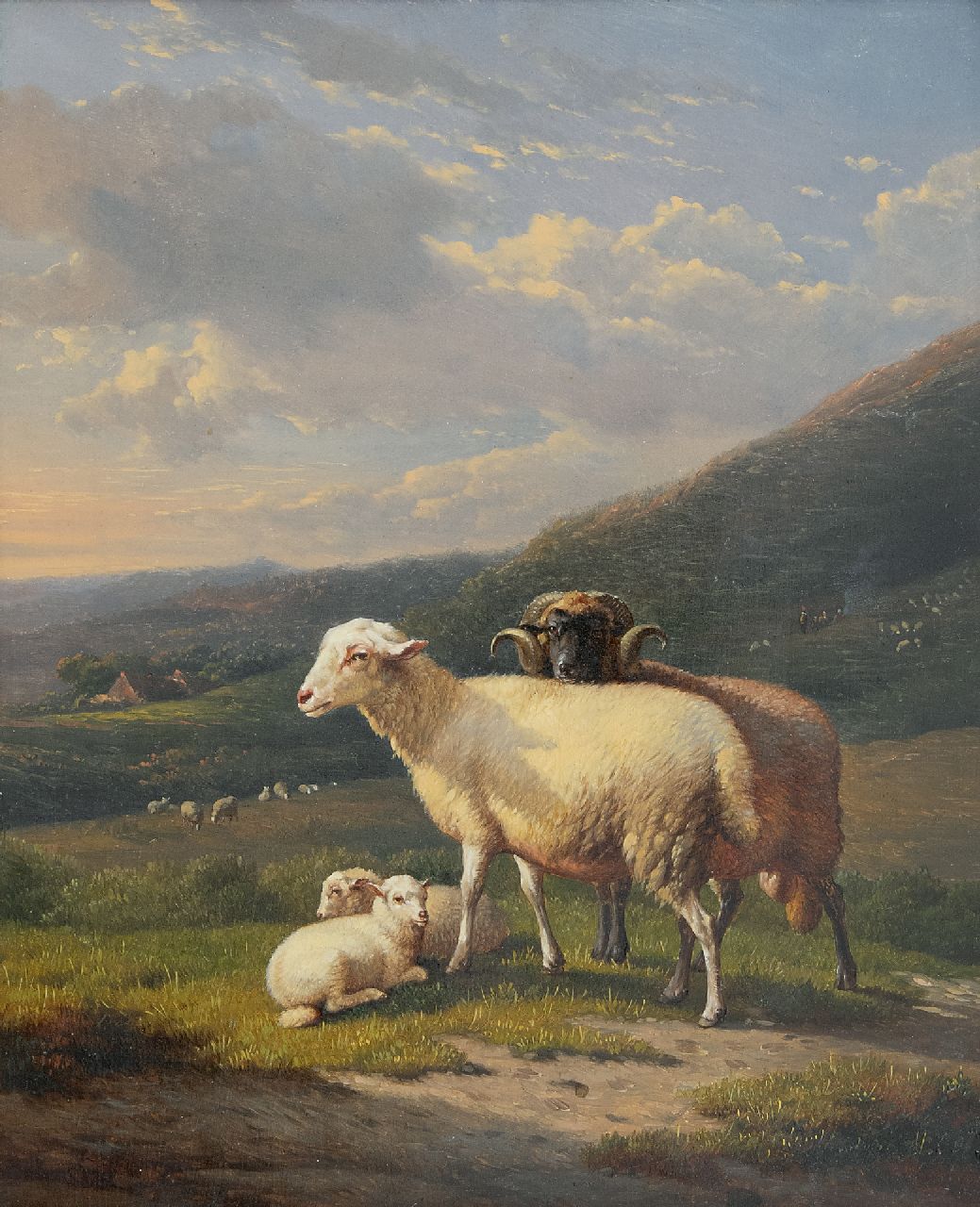 Severdonck F. van | Frans van Severdonck | Schilderijen te koop aangeboden | Ram met schaap en lammeren in heuvellandschap, olieverf op paneel 30,8 x 25,8 cm