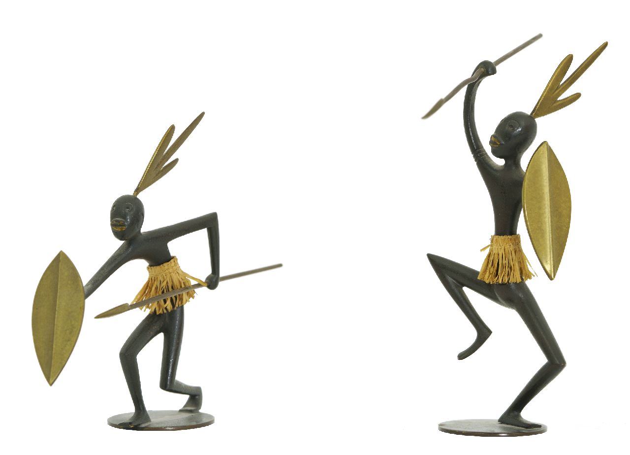 Werkstätte Hagenauer Wien   | Werkstätte Hagenauer Wien | Beelden en objecten te koop aangeboden | Twee dansende Afrikaanse strijders, brons, stro 14,5 x 15,0 cm