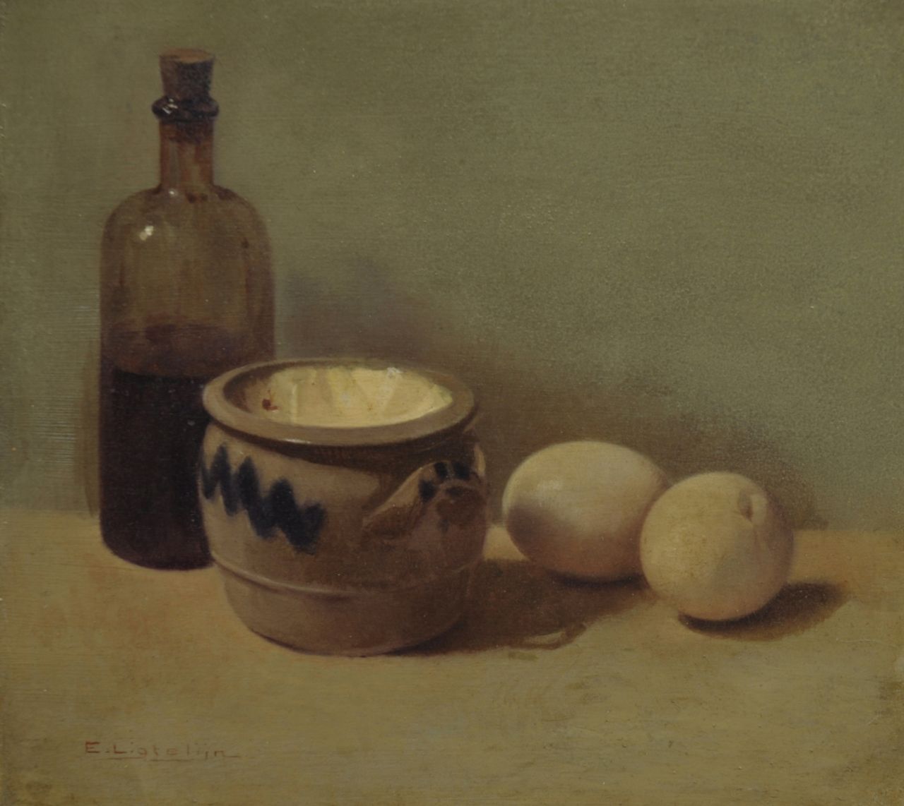Ligtelijn E.J.  | Evert Jan Ligtelijn, Stilleven met eieren, olieverf op paneel 23,2 x 25,9 cm, gesigneerd linksonder
