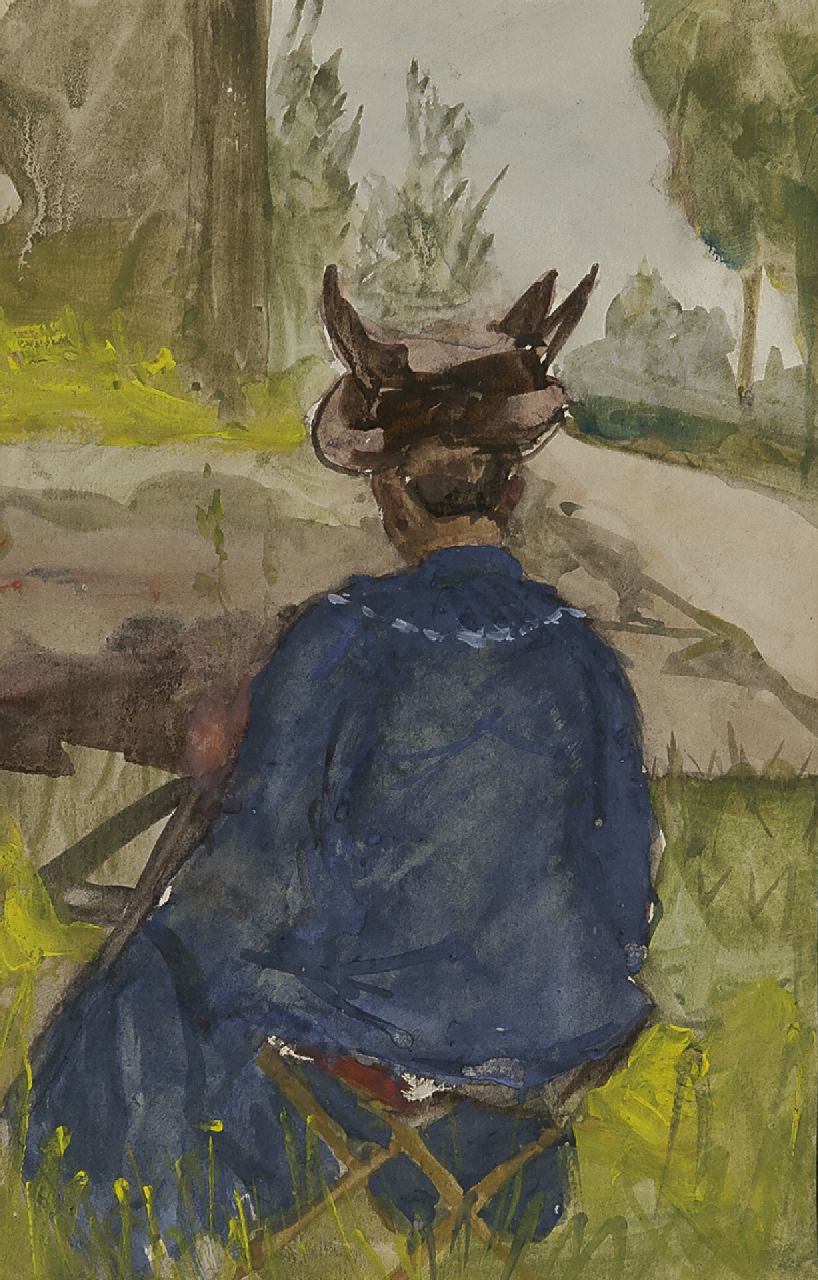 Repelius J.E.  | Johanna Elisabeth 'Betsy' Repelius, De schilderes Thérèse Schwartze aan het werk, aquarel op papier 22,5 x 14,3 cm