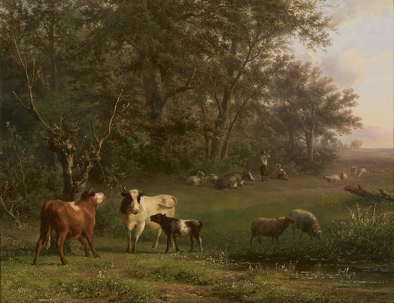 Tom J.B.  | Jan Bedijs Tom, Herderspaar met vee bij een beek, olieverf op paneel 41,2 x 52,4 cm, gesigneerd rechtsonder en gedateerd 1858