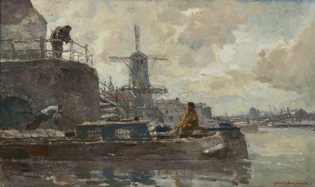 Langeveld F.A.  | Franciscus Arnoldus 'Frans' Langeveld | Schilderijen te koop aangeboden | Molen aan het water, Amsterdam, olieverf op doek 48,3 x 80,2 cm, gesigneerd rechtsonder