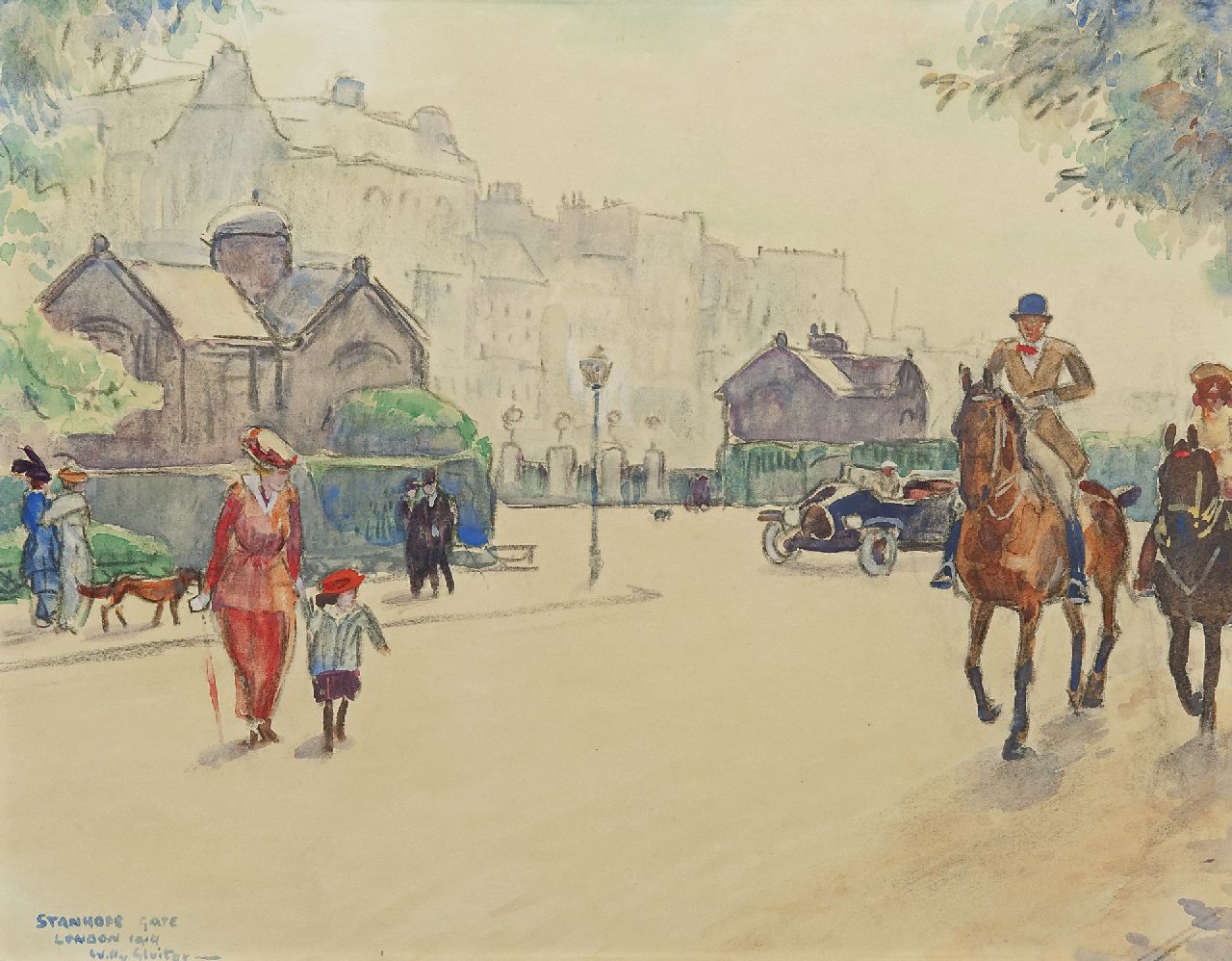 Sluiter J.W.  | Jan Willem 'Willy' Sluiter, Stanhope Gate, Londen, krijt en aquarel op papier 35,5 x 46,0 cm, gesigneerd linksonder en gedateerd 1914