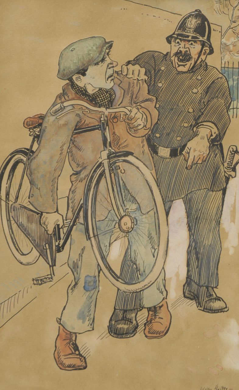 Sluiter J.W.  | Jan Willem 'Willy' Sluiter, De fietsendief: op heterdaad betrapt, inkt en aquarel op papier 17,2 x 27,6 cm, gesigneerd rechtsonder