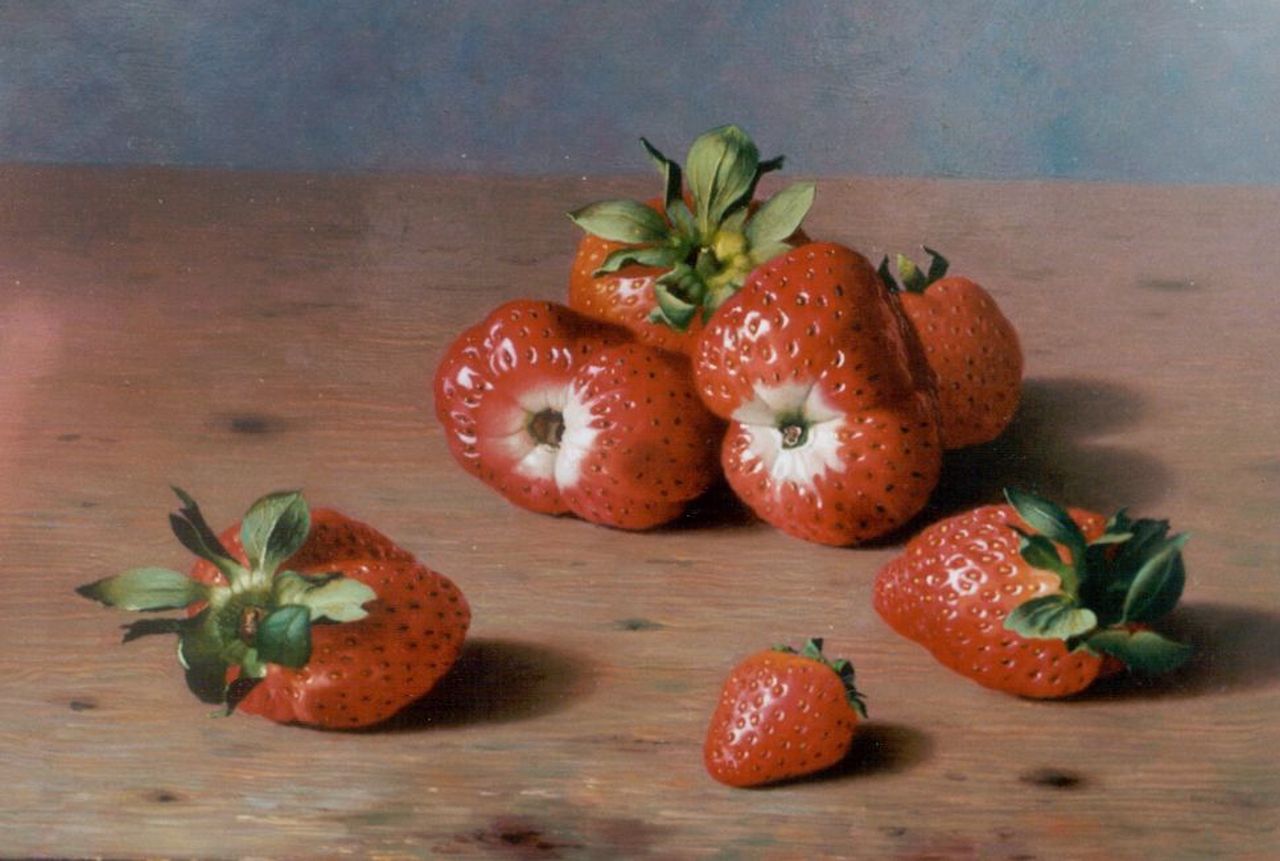 Bubarnik G.  | Gyula Bubarnik, Aardbeien op stenen tafel, olieverf op paneel 18,0 x 24,0 cm, gesigneerd rechtsonder