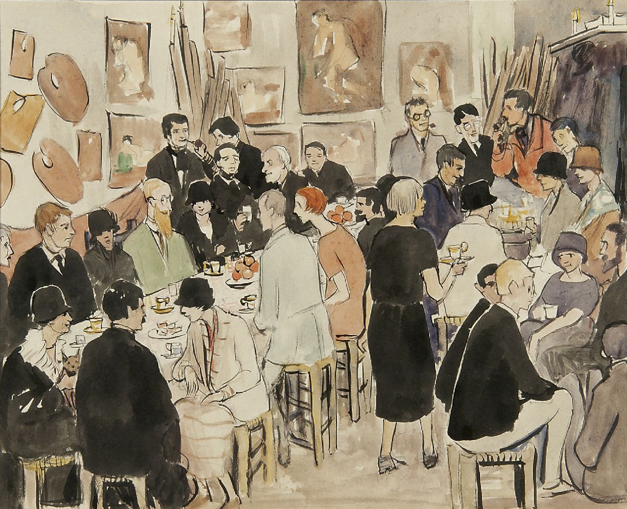 Geertrude Leese | Le Fauconnier, party in de Académie de la Palette (incl. tekening voorstellend Le Fauconnier), aquarel op papier, 25,0 x 29,9 cm