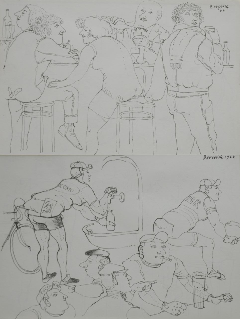 Berserik H.  | Hermanus 'Herman' Berserik | Aquarellen en tekeningen te koop aangeboden | Aan de bar; verso: Wielrenners aan de bar, pen en inkt op papier 15,8 x 23,7 cm, gesigneerd rechtsboven en beide gedateerd 1966
