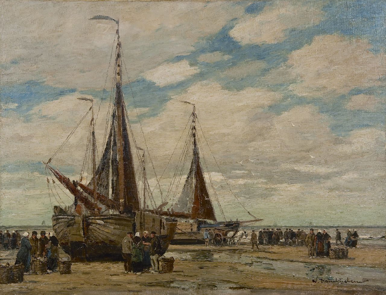 Hambüchen W.  | Wilhelm Hambüchen, Visafslag op het strand van Katwijk, olieverf op doek 61,0 x 81,0 cm, gesigneerd rechtsonder