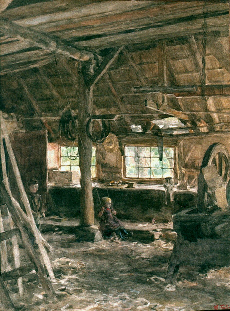 Tholen W.B.  | Willem Bastiaan Tholen, Schommelen in de werkplaats, aquarel op papier 55,0 x 41,5 cm, gesigneerd rechtsonder