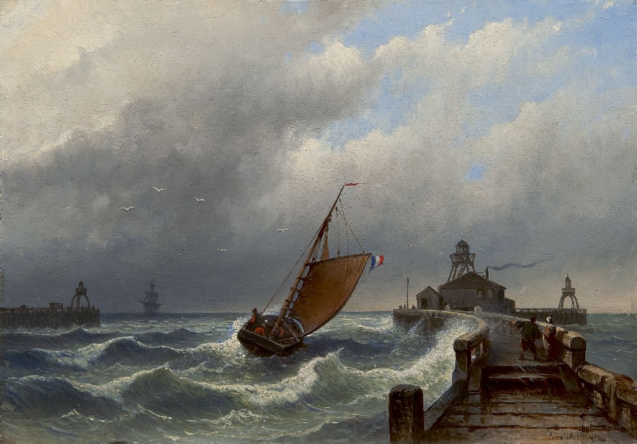 Hilverdink E.A.  | Eduard Alexander Hilverdink, Zeilschip bij een havenhoofd met lichtbaak, olieverf op paneel 24,5 x 34,8 cm, gesigneerd rechtsonder