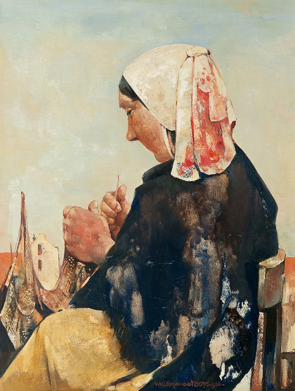 Berg W.H. van den | 'Willem' Hendrik van den Berg | Schilderijen te koop aangeboden | Nettenboetster, Scheveningen, olieverf op schildersboard 39,8 x 29,9 cm, gesigneerd rechts van het midden. en gedateerd 1966