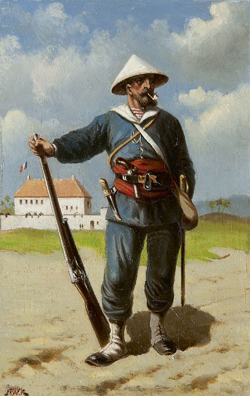 Koekkoek H.W.  | Hermanus Willem Koekkoek, Franse marinier bij fort in Cochin-China, olieverf op paneel 24,9 x 16,2 cm, gesigneerd linksonder met initialen