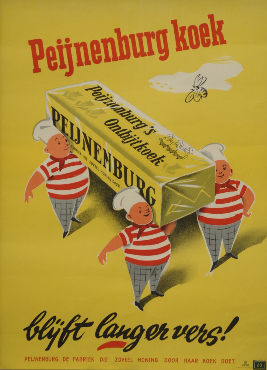 Onbekend   | Onbekend, poster 'Peijnenburg koek blijft langer vers!', kleurenlithografie poster 61,1 x 43,6 cm, te dateren ca. 1950
