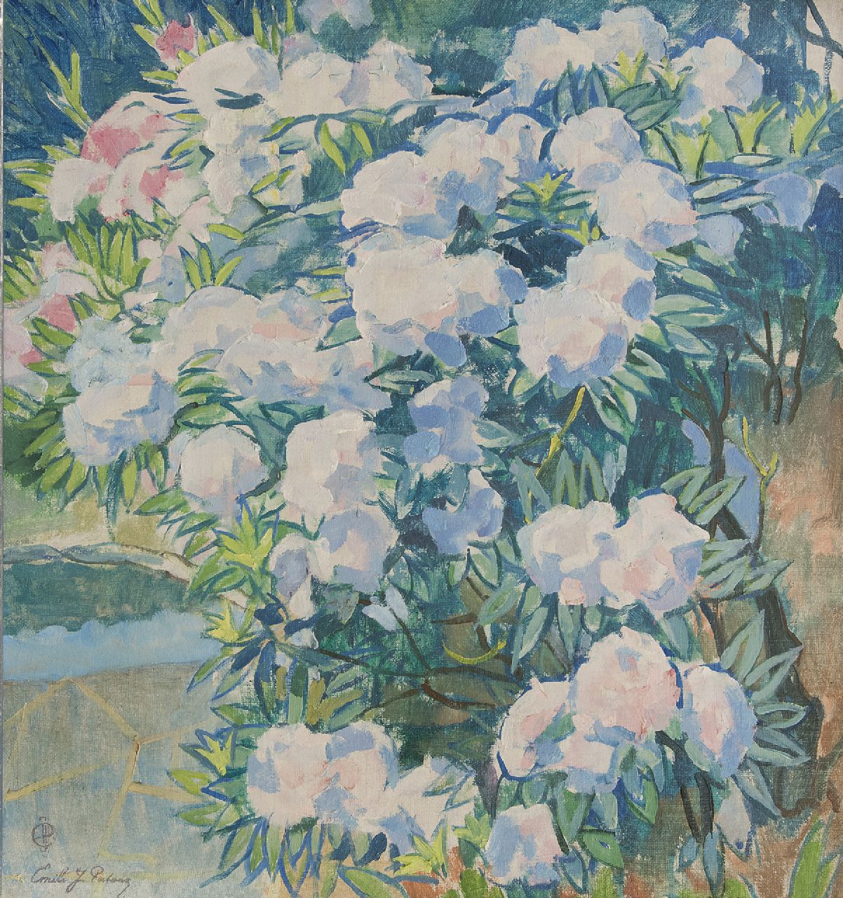 Patoux E.J.  | Emile Joseph Patoux | Schilderijen te koop aangeboden | Rhododendrons, olieverf op doek 75,8 x 70,5 cm, gesigneerd linksonder voluit en mon.
