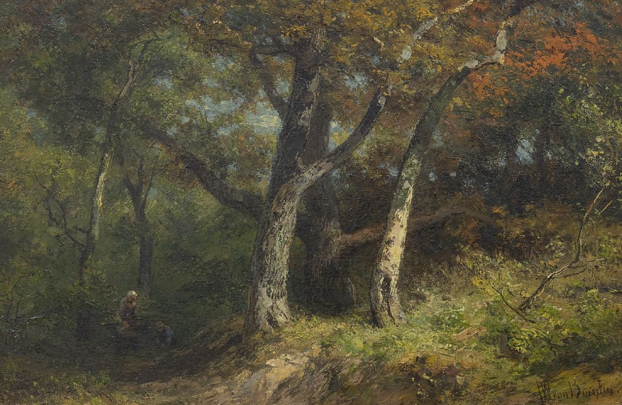 Borselen J.W. van | Jan Willem van Borselen, Houtsprokkelaars op een bospad, olieverf op paneel 27,8 x 42,0 cm, gesigneerd rechtsonder