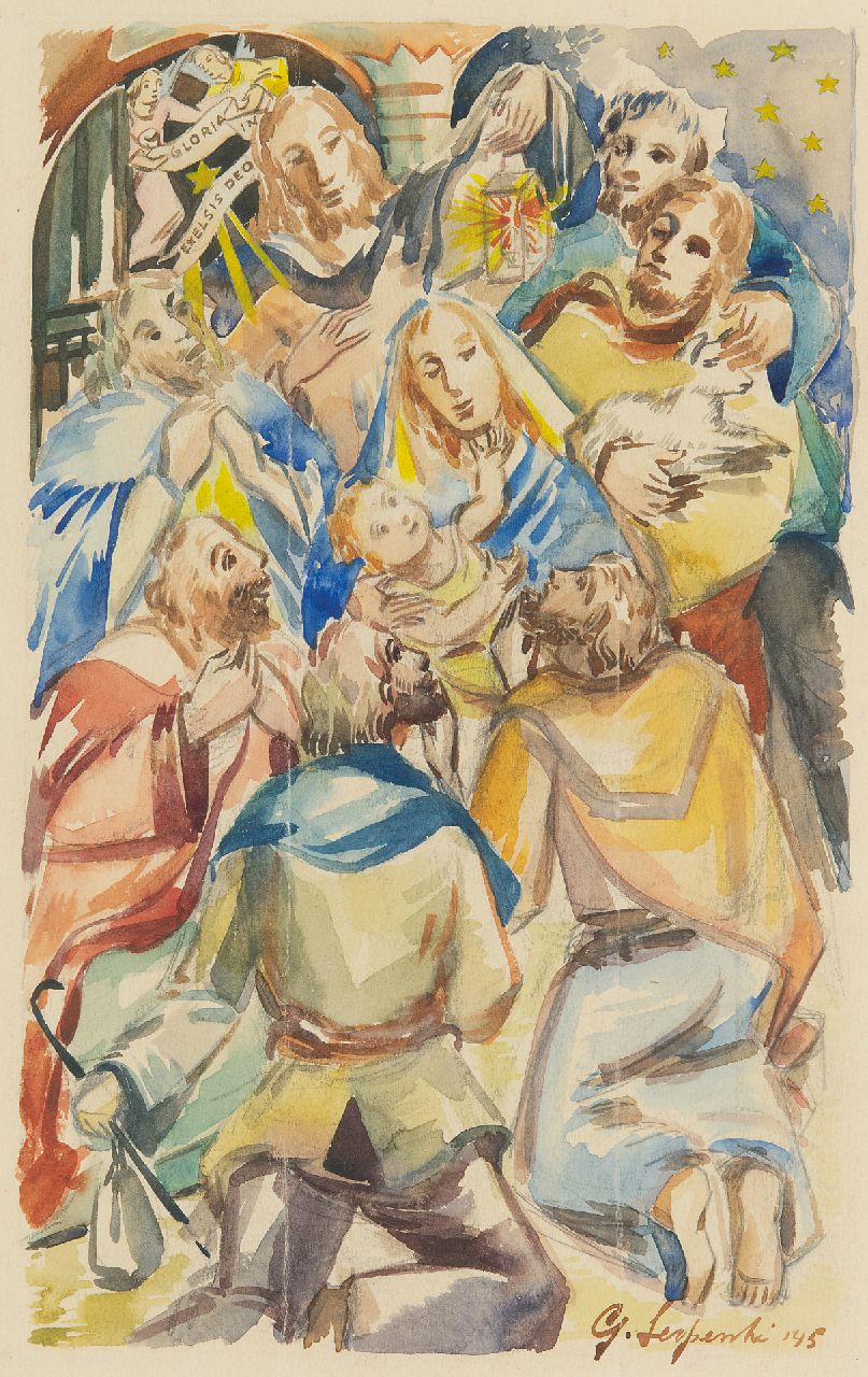 Serpenti W.H.  | Wilhelmus Hubertus ‘Guillaume’ Serpenti, Gloria in excelsis Deo, aquarel op papier 28,0 x 17,8 cm, gesigneerd rechtsonder en gedateerd '45