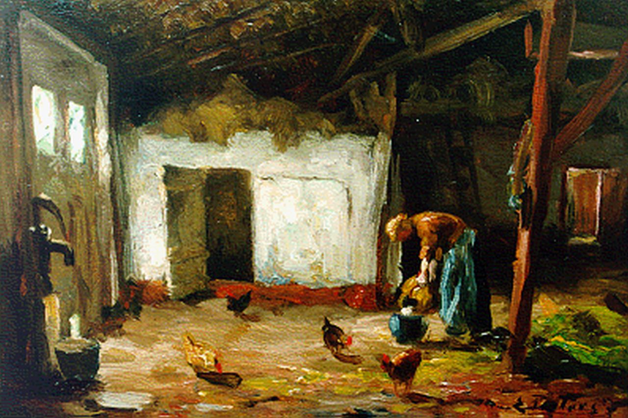 Pieters E.  | Evert Pieters, Het voeren van de kippen, olieverf op paneel 14,5 x 21,5 cm, gesigneerd rechtsonder