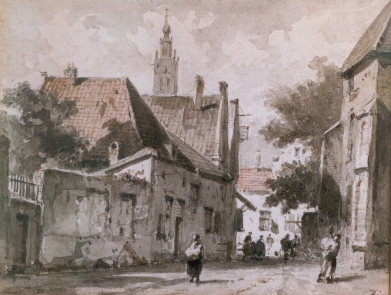 Eversen A.  | Adrianus Eversen, Straatje met wandelaars, Haarlem, sepia op papier 15,0 x 18,5 cm, gesigneerd rechtsonder monogram