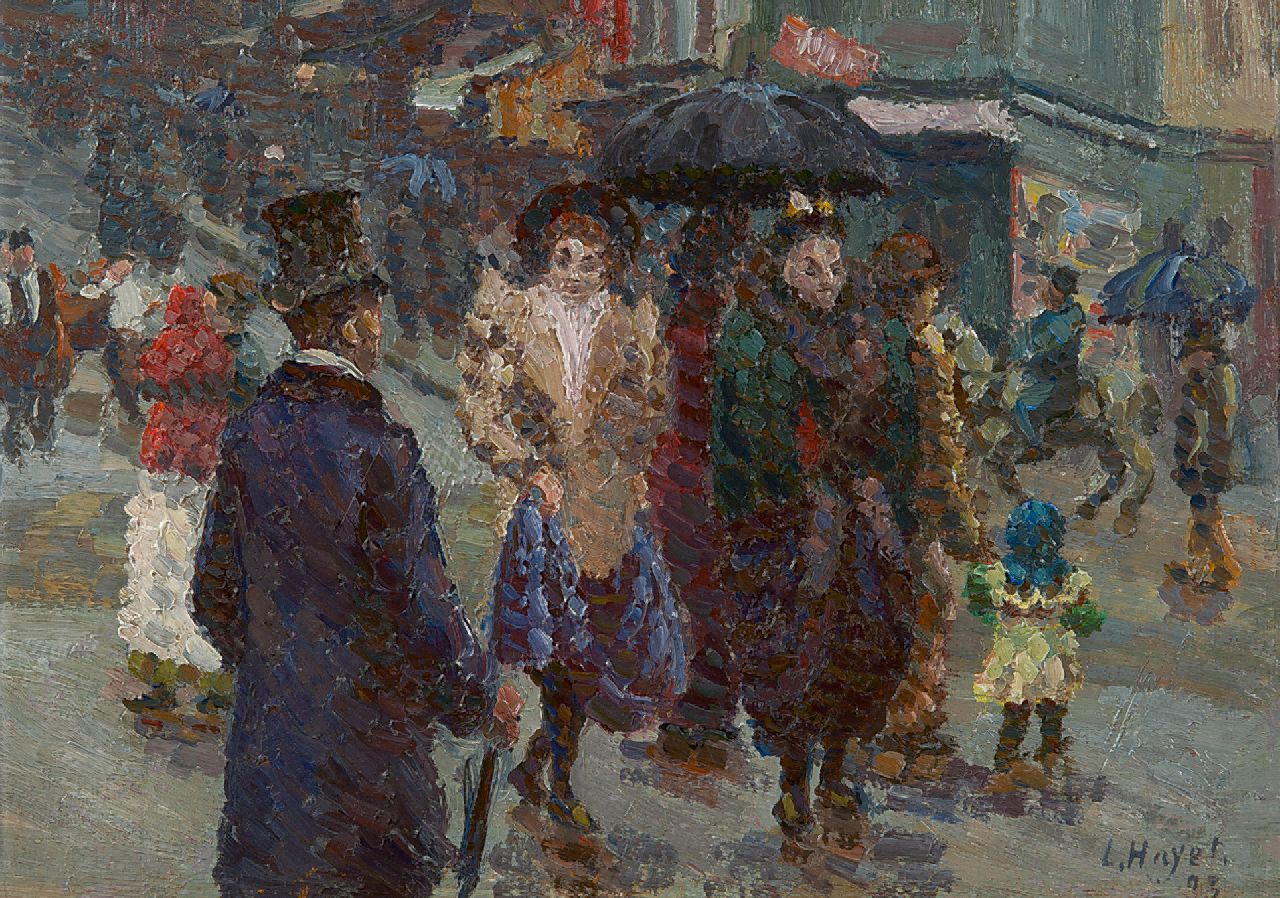 Hayet L.  | Louis Hayet | Schilderijen te koop aangeboden | Ontmoeting in de regen, olieverf op schildersboard 19,5 x 27,6 cm, gesigneerd rechtsonder en gedateerd '93