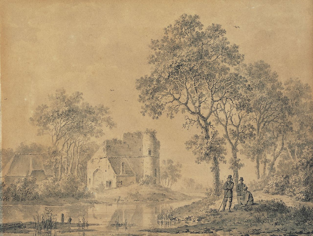 Koekkoek B.C.  | Barend Cornelis Koekkoek, Landvolk bij een ruïne, gewassen pen op papier 13,7 x 17,7 cm, gesigneerd linksonder