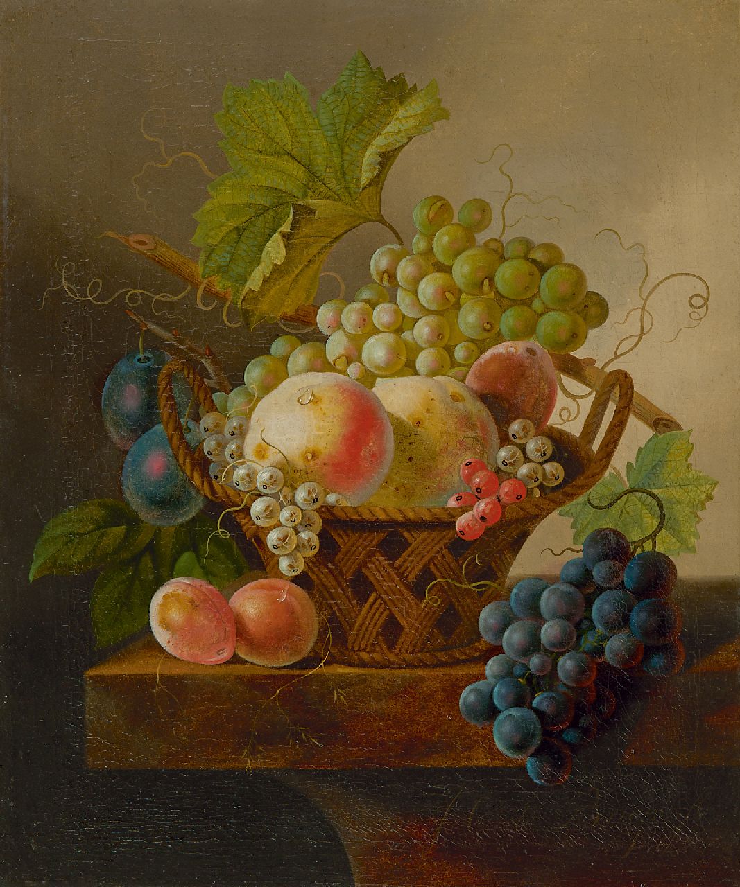 Bruyn J.C. de | Johannes Cornelis de Bruyn | Schilderijen te koop aangeboden | Stilleven met druiven en perziken in een mand, olieverf op doek 43,8 x 36,0 cm, gesigneerd rechtsonder