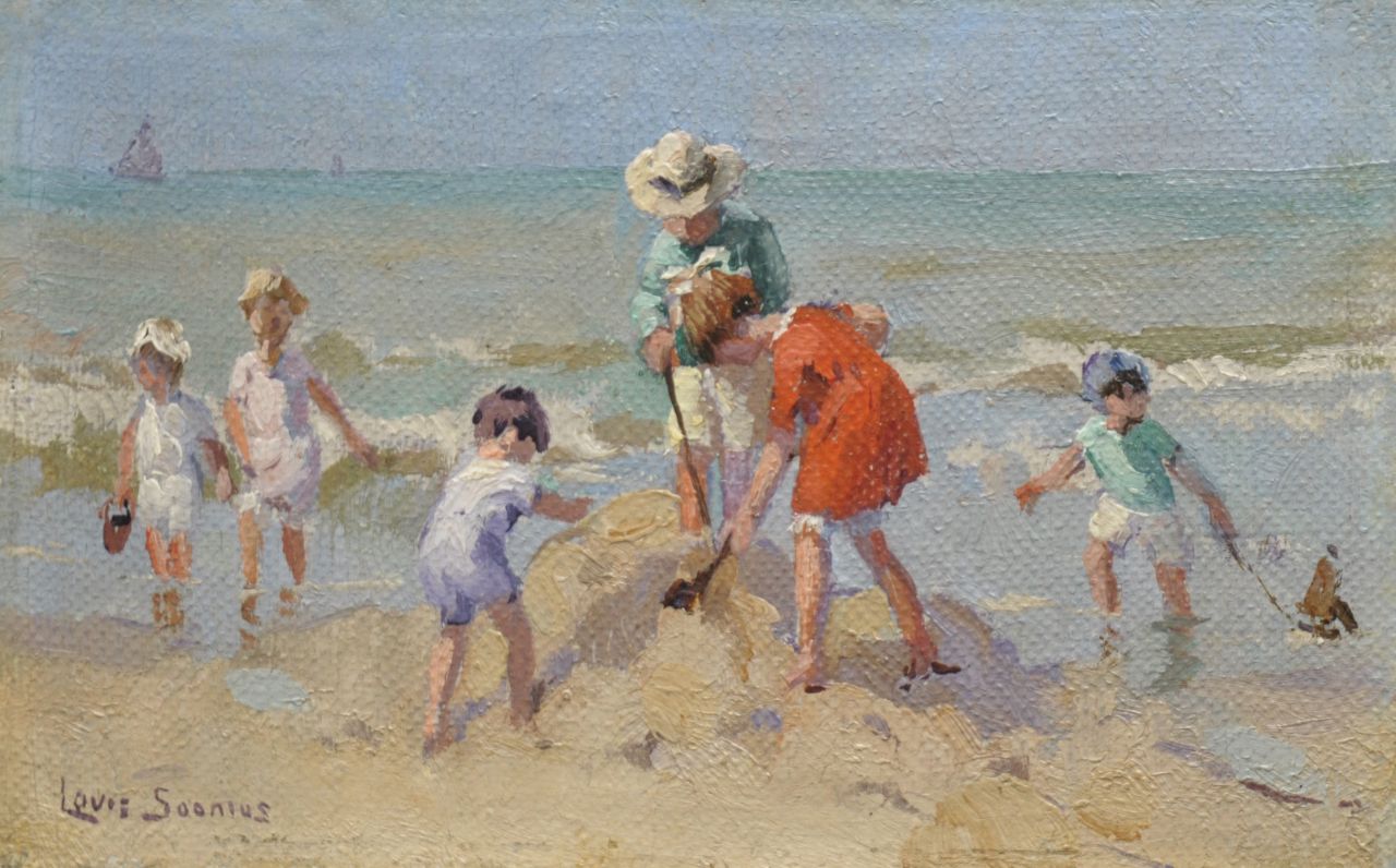Soonius L.  | Lodewijk 'Louis' Soonius, Spelende kinderen op het strand, olieverf op doek op board 8,7 x 13,8 cm, gesigneerd linksonder