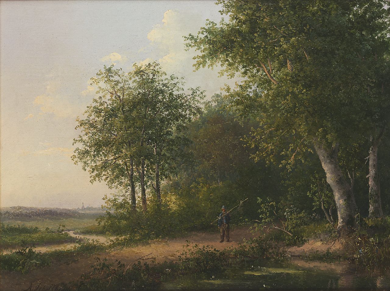 Schelfhout A.  | Andreas Schelfhout | Schilderijen te koop aangeboden | Visser bij een bosven, olieverf op paneel 26,0 x 34,5 cm, gesigneerd linksonder en te dateren ca. 1822