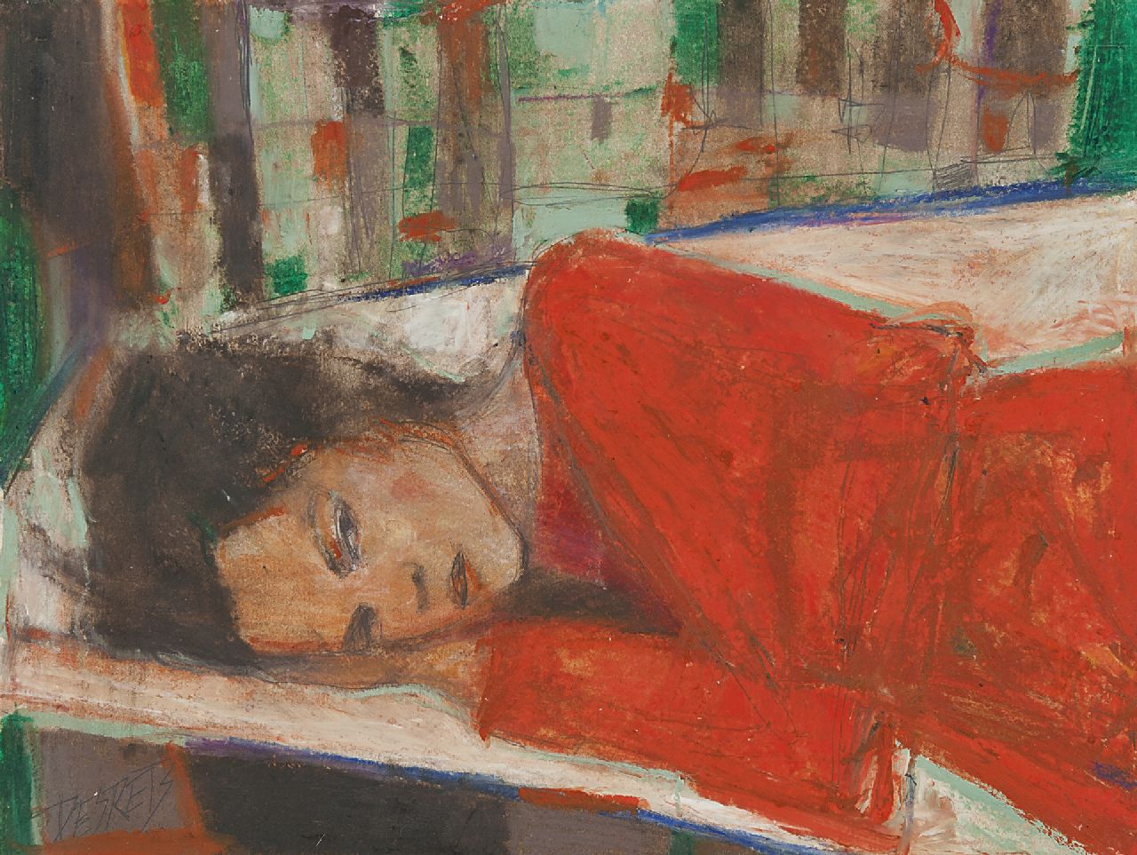 Liliana Desrets | A dormir, pastel en olieverf op papier, 25,0 x 32,1 cm, gesigneerd l.o. en verso en te dateren 2010