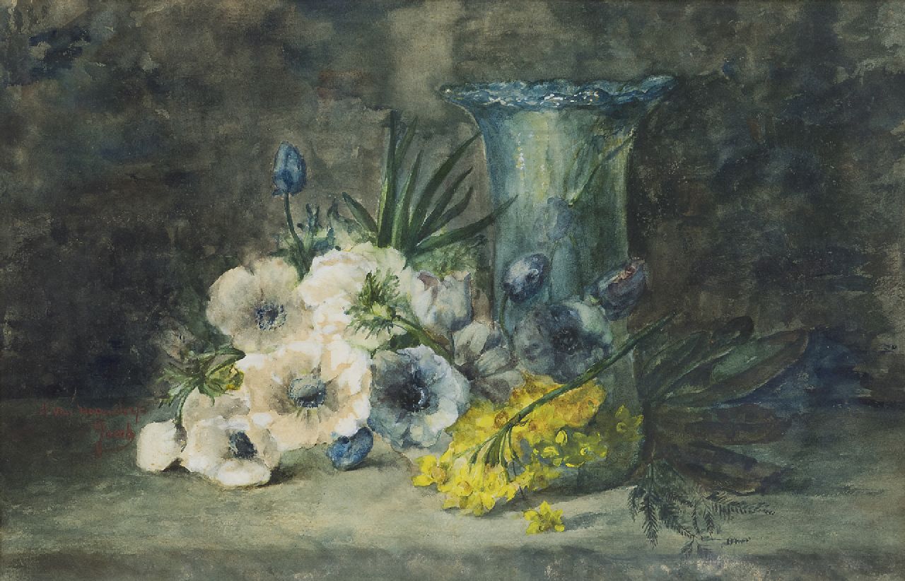 Hogendorp-'s Jacob A.J. van | Adrienne Jacqueline van Hogendorp-'s Jacob, Bloemen en glazen vaas op stenen tafel, aquarel op papier 35,5 x 55,0 cm, gesigneerd linksonder