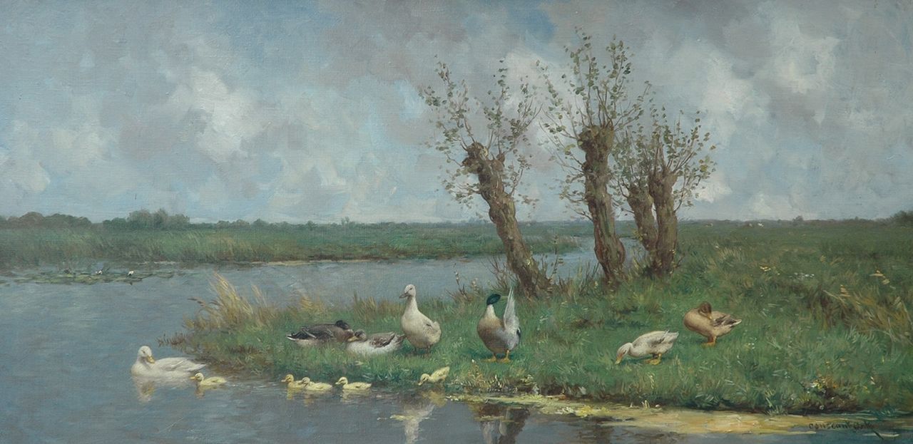 Artz C.D.L.  | 'Constant' David Ludovic Artz, Hollands polderlandschap met knotwilgen en eendenfamilie, olieverf op doek 40,0 x 80,5 cm, gesigneerd rechtsonder
