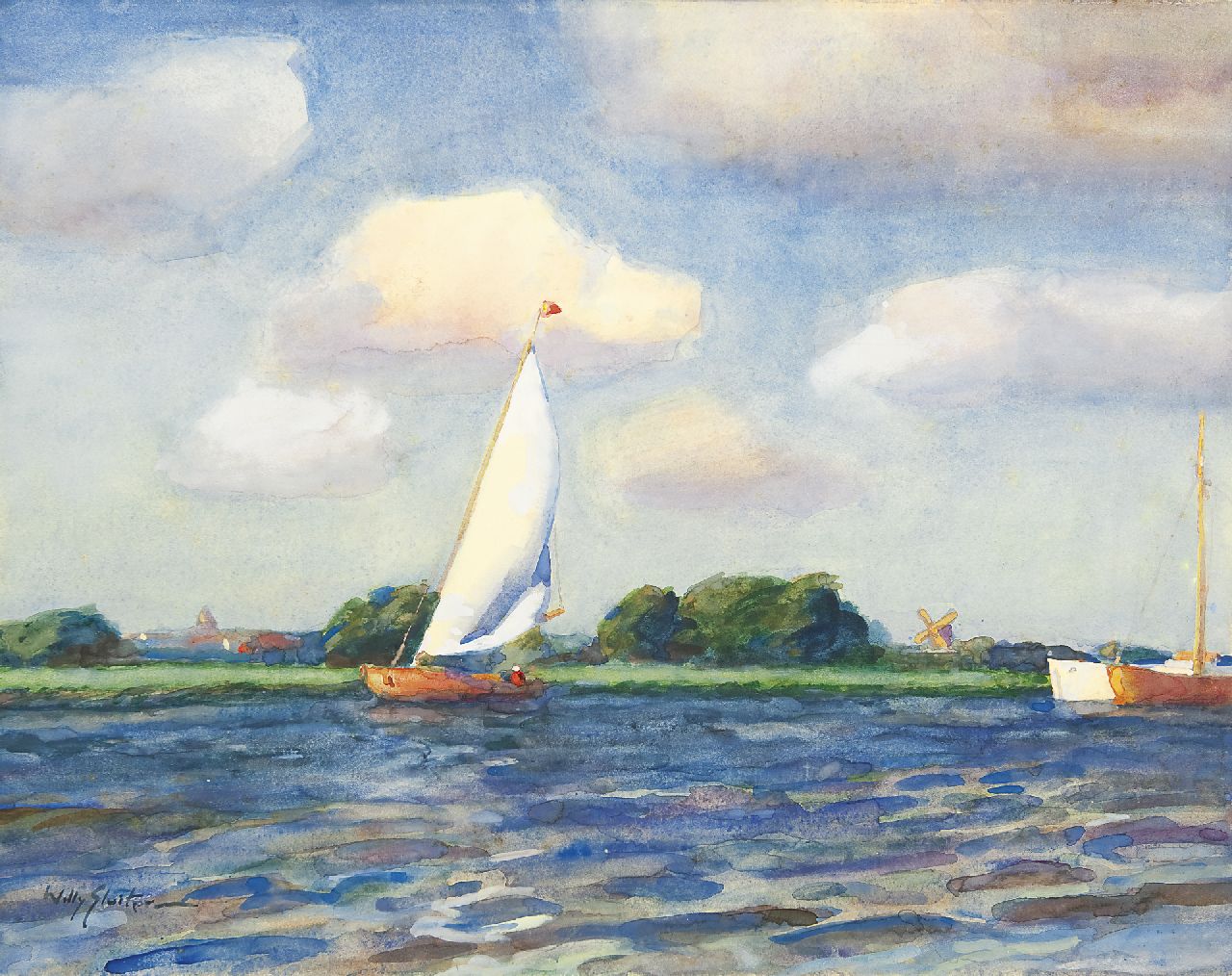 Sluiter J.W.  | Jan Willem 'Willy' Sluiter, Zeilboot op een plas, aquarel op papier op board 50,8 x 65,6 cm, gesigneerd linksonder
