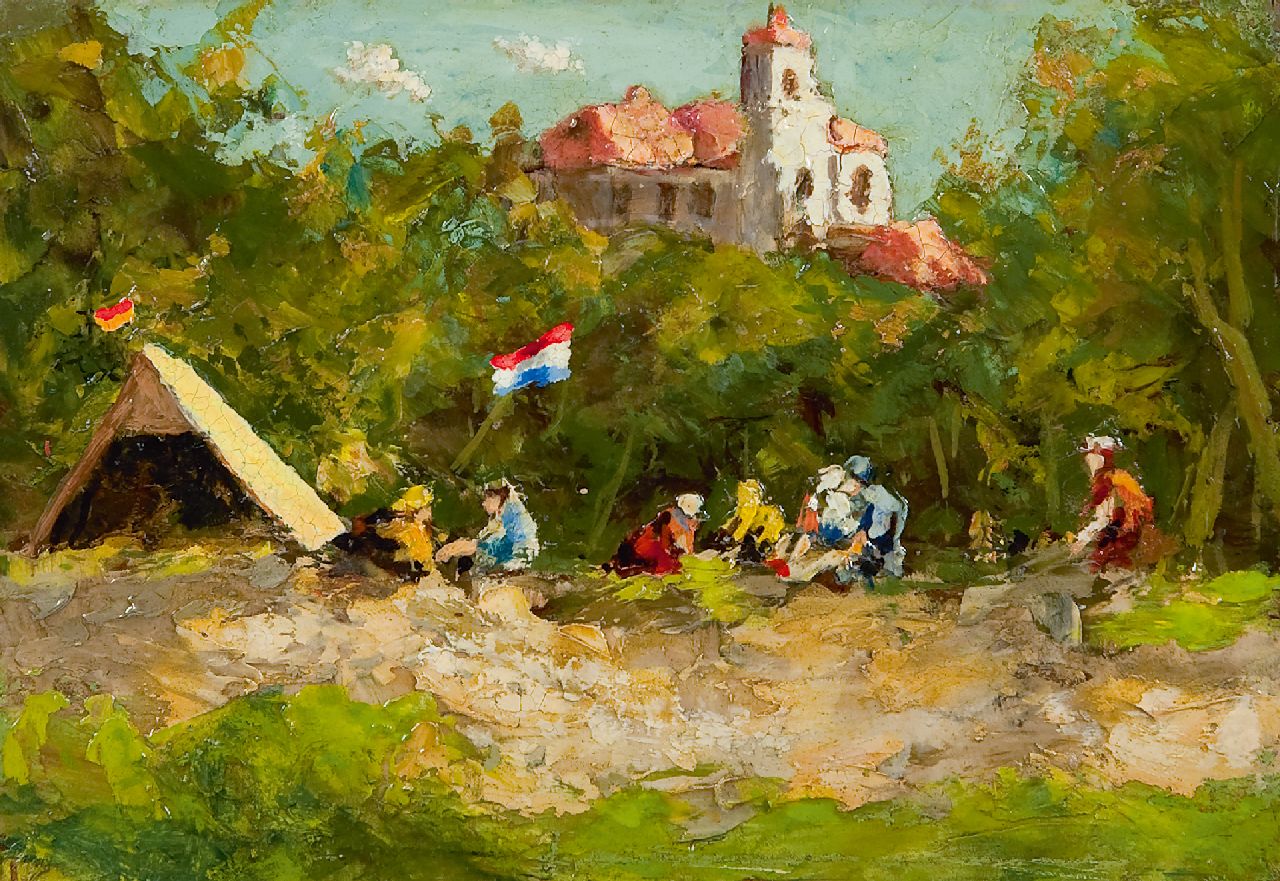 Zwiers P.R.  | Pieter Roelof 'Piet' Zwiers | Schilderijen te koop aangeboden | Kamperen, olieverf op board 12,0 x 17,5 cm
