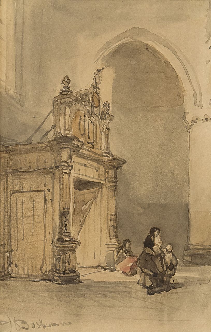 Bosboom J.  | Johannes Bosboom, Hollands kerkinterieur (mogelijk de Noorderkerk, Hoorn), aquarel op papier 13,0 x 8,3 cm, gesigneerd linksonder