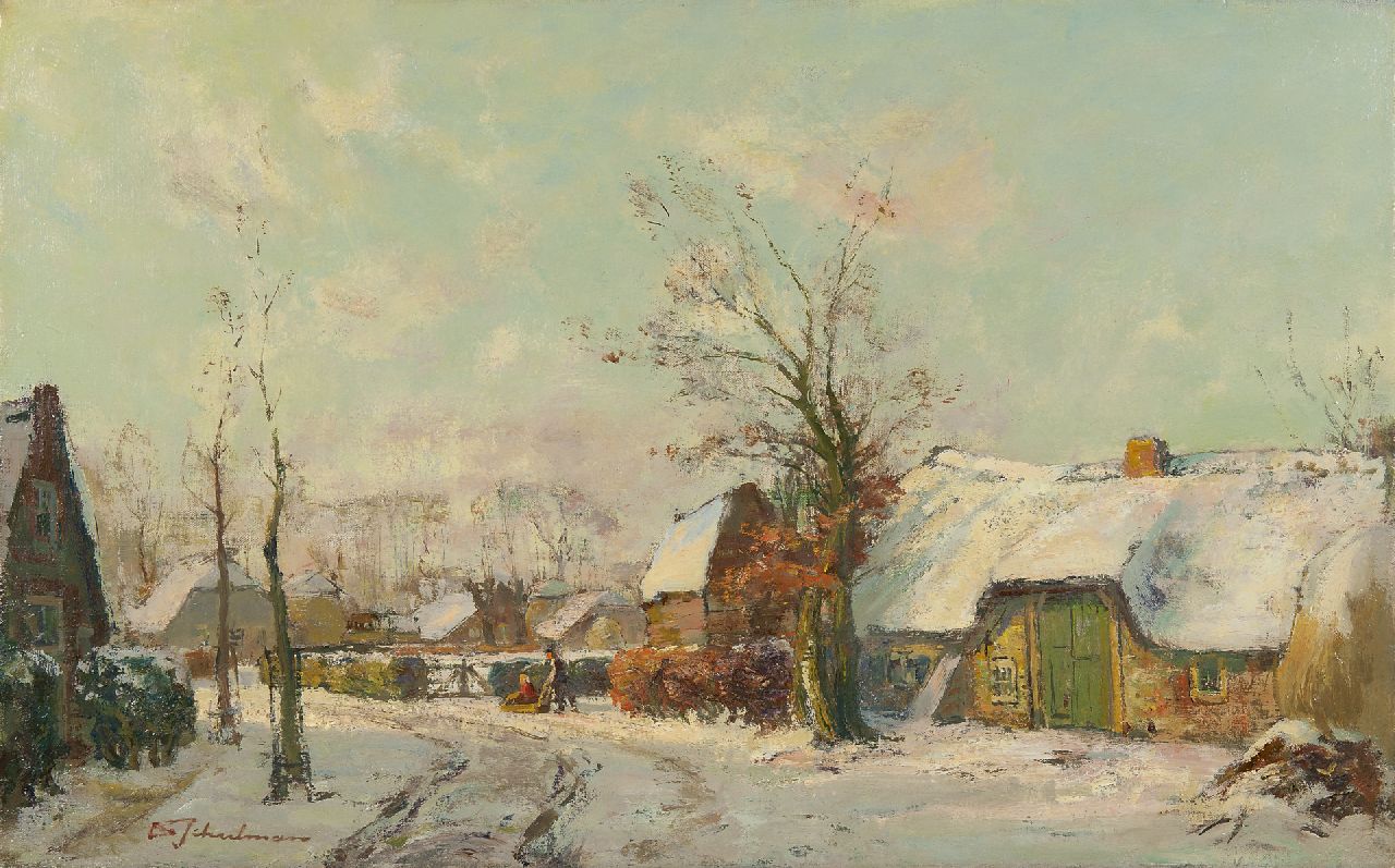 Schulman D.  | David Schulman | Schilderijen te koop aangeboden | Boerenpaar in de sneeuw, Blaricum, olieverf op doek 47,3 x 75,5 cm, gesigneerd linksonder