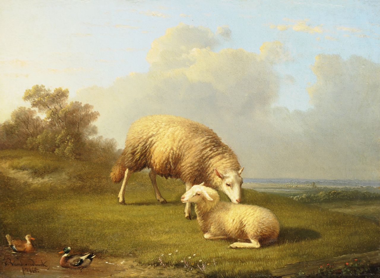 Severdonck F. van | Frans van Severdonck | Schilderijen te koop aangeboden | Ooi en lam in een landschap, olieverf op paneel 17,6 x 23,9 cm, gesigneerd linksonder en gedateerd 1865