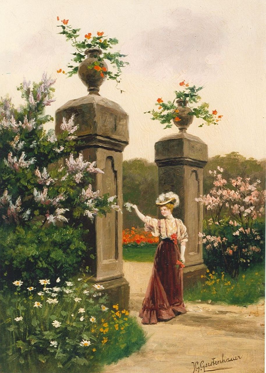 Gerstenhauer Zimmerman J.G.  | Johan Georg Gerstenhauer Zimmerman, Elegante vrouw in bloementuin, olieverf op paneel 31,9 x 22,5 cm, gesigneerd rechtsonder