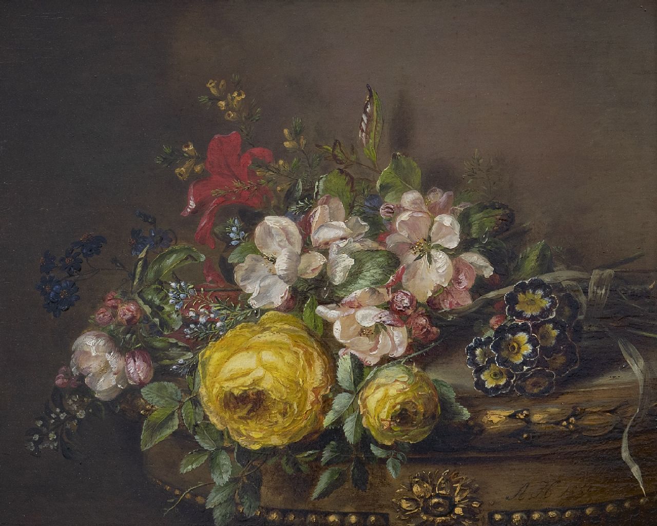 Haanen A.J.  | Adriana Johanna Haanen, Gemengd boeket op een tafel, olieverf op paneel 26,5 x 33,2 cm, gesigneerd rechtsonder en gedateerd 1850