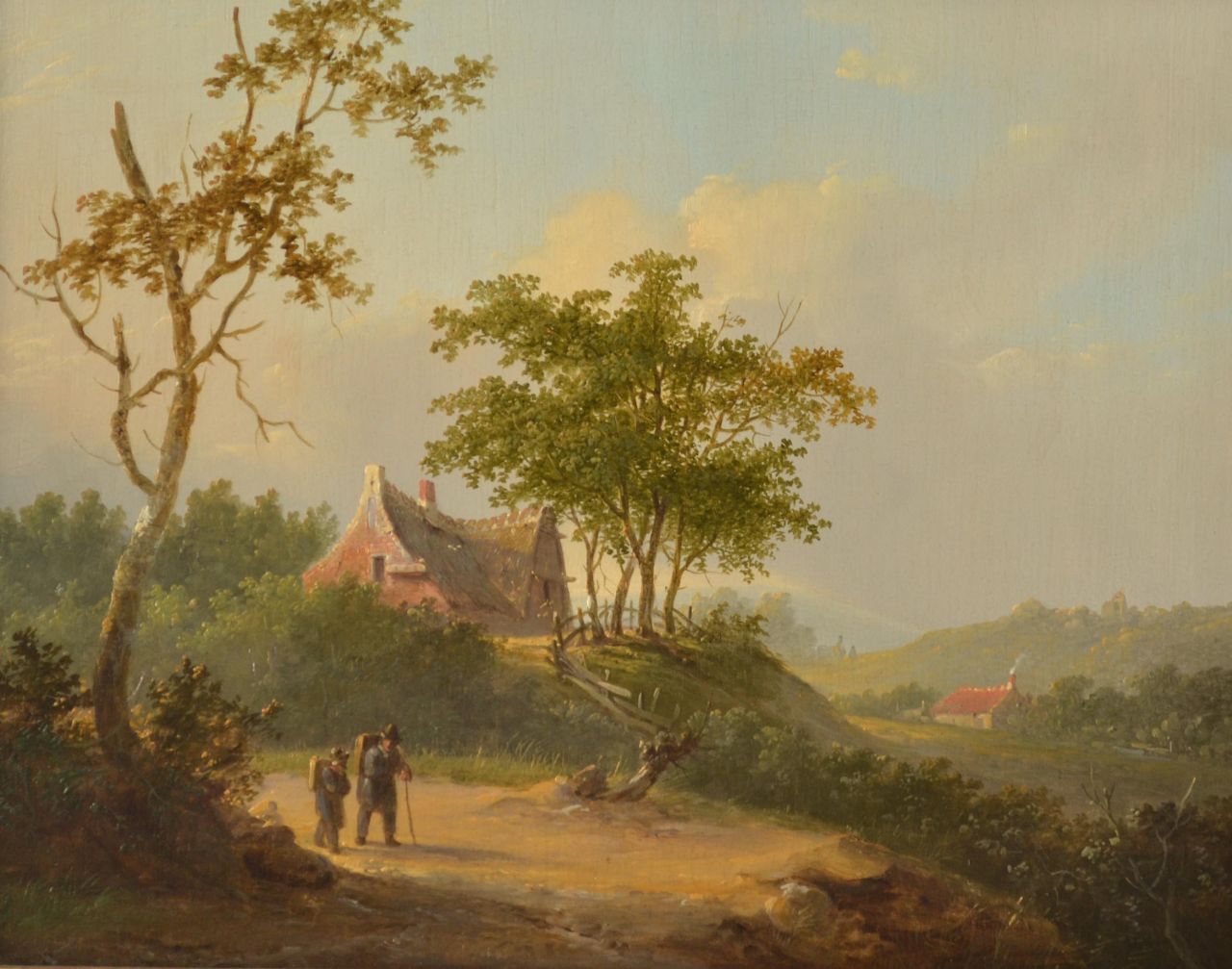 Stok J. van der | Jacobus van der Stok | Schilderijen te koop aangeboden | Reizigers in panoramisch zomerlandschap, olieverf op paneel 25,7 x 32,6 cm