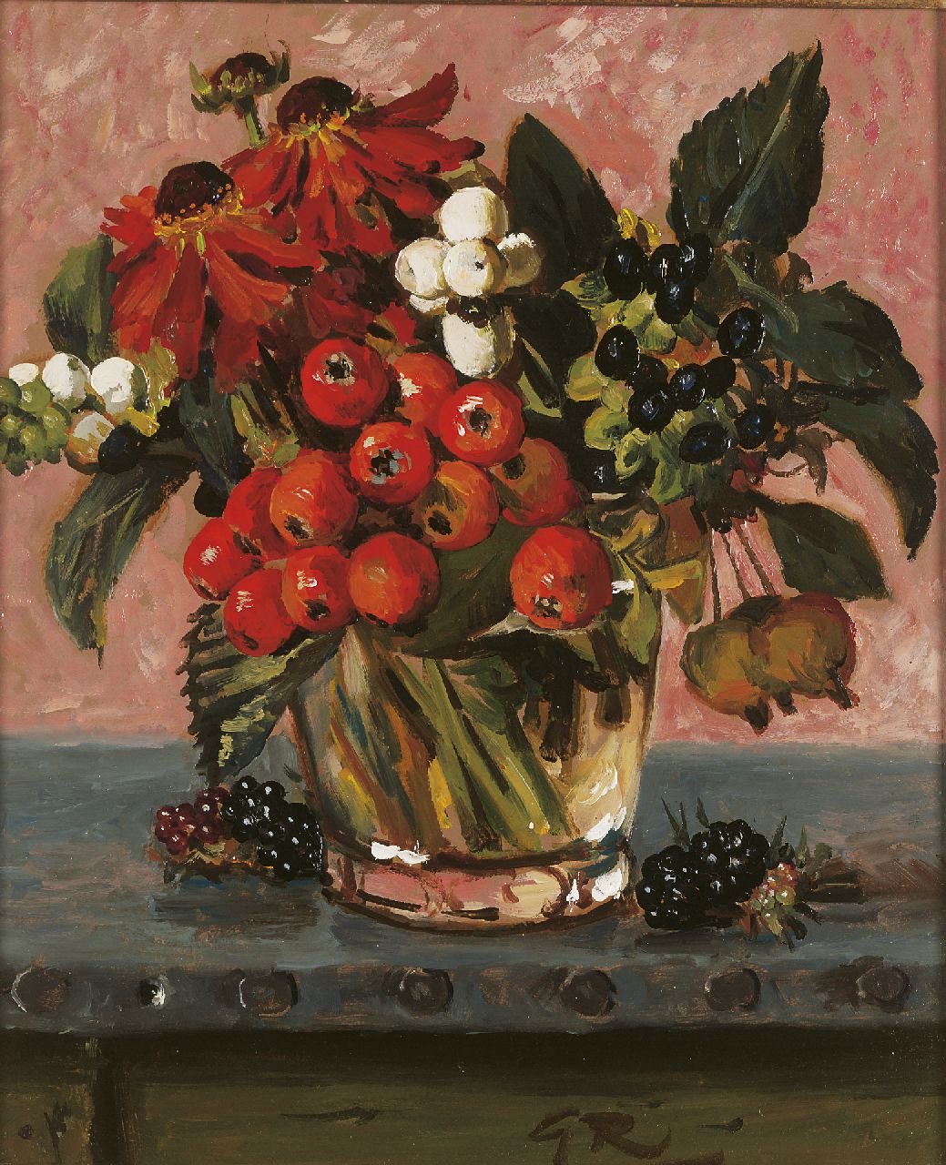 Röling G.V.A.  | Gerard Victor Alphons 'Gé' Röling, Bessen en bloemen in glazen vaas, olieverf op board 29,8 x 25,0 cm, gesigneerd rechtsonder met initialen
