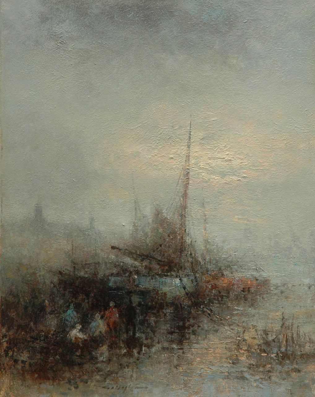 G. Nijland | Afgemeerd schip, olieverf op doek, 40,0 x 51,0 cm, zonder lijst