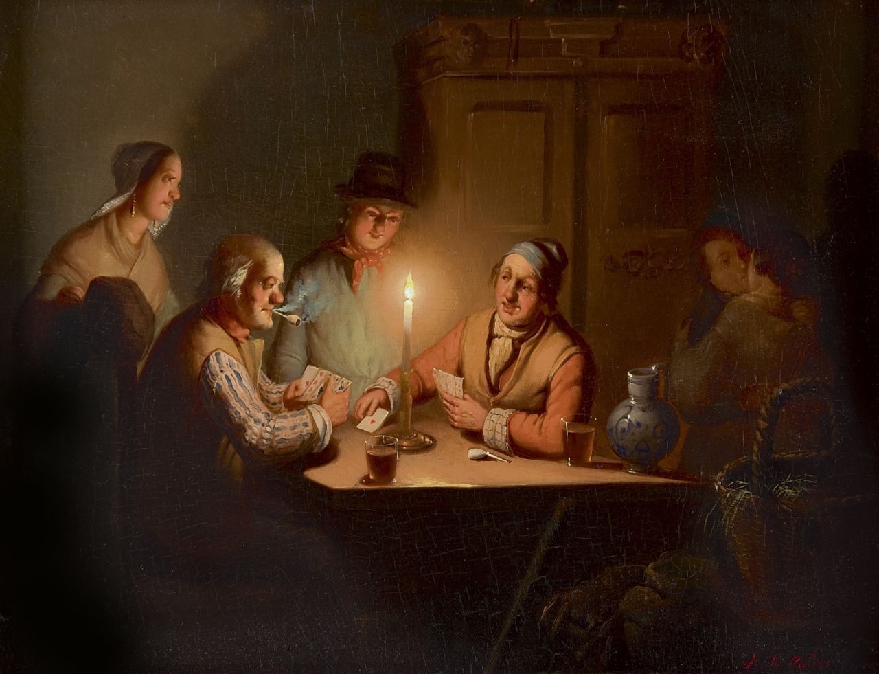 Culverhouse J.M.  | Johan Mengels Culverhouse, Kaartspelers bij kaarslicht, met minnekozend paar, olieverf op paneel 23,6 x 31,2 cm, gesigneerd rechtsonder