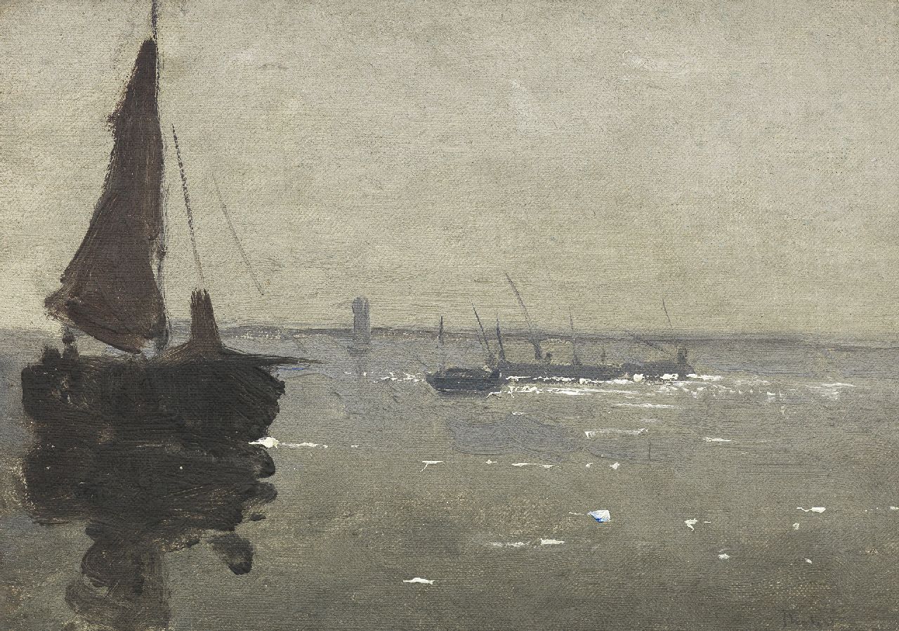 Tholen W.B.  | Willem Bastiaan Tholen, Vroege ochtend op het water, olieverf op doek op paneel 15,8 x 22,1 cm, gesigneerd rechtsonder